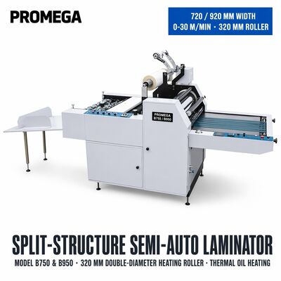 Półautomatyczna maszyna do laminowania folii wstępnej z prędkością 30 m/min. 920 mm. Maksymalna szerokość 1800 kg. Waga